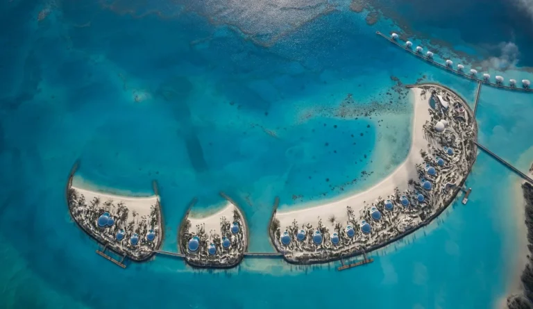 Drone photograph of Shebara Resort villas over the Red Sea at Sheybarah Island