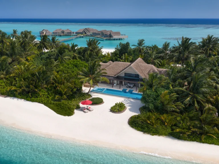Aerial view of a Two Bedroom Beach Pool Pavilion and its private pool
