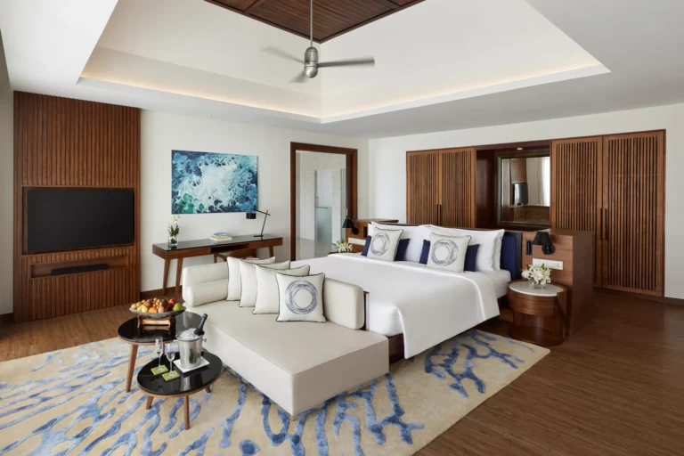 Master bedroom interior of a reimagined Two Bedroom Ocean Pool Pavilion