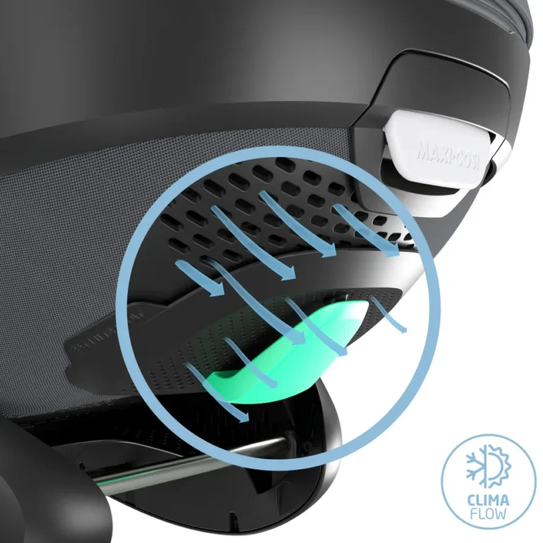 Close-up rendering of the ClimaFlow ventilation openings in the Maxi-Cosi Pebble 360 Pro² shell, with arrows showing the airflow