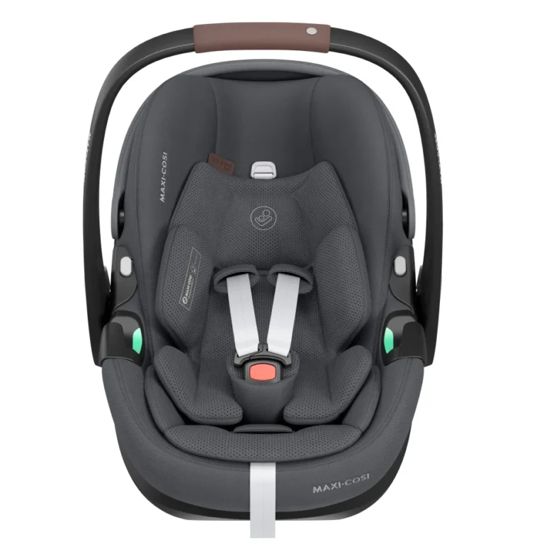 Maxi-Cosi Pebble 360 Pro² infant car seat in Twillic Graphite, front view with the carry handle raised