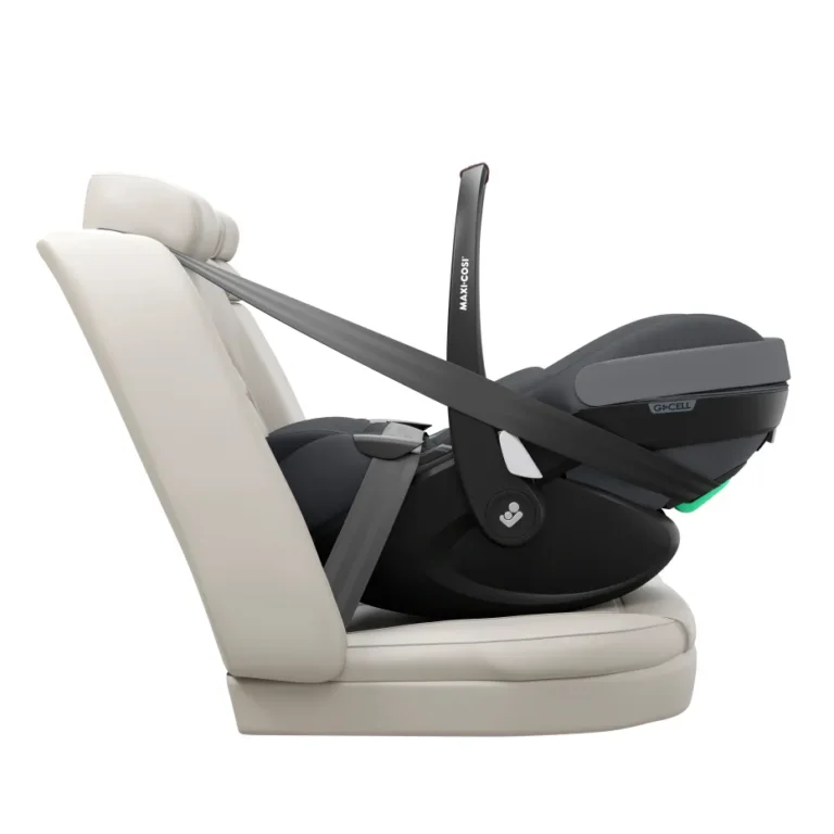 Maxi-Cosi Pebble 360 Pro² fully reclined on a car seat and held by the three-point vehicle belt