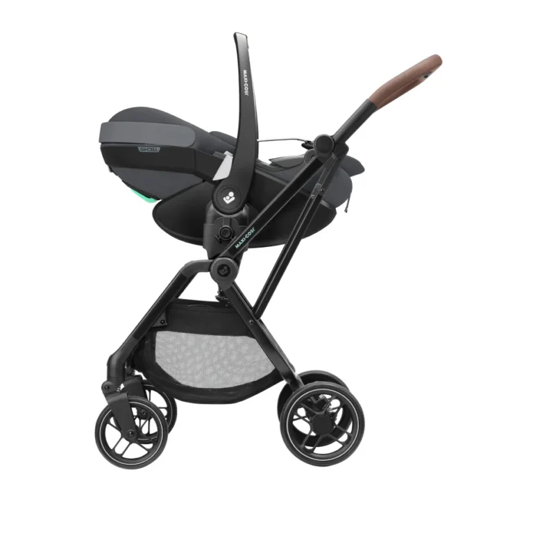 Side view of the Maxi-Cosi Pebble 360 Pro² clicked onto a stroller chassis, fully reclined