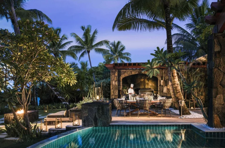 Villa One private terrace dining setup at One&Only Le Saint Géran — table for two overlooking the Indian Ocean