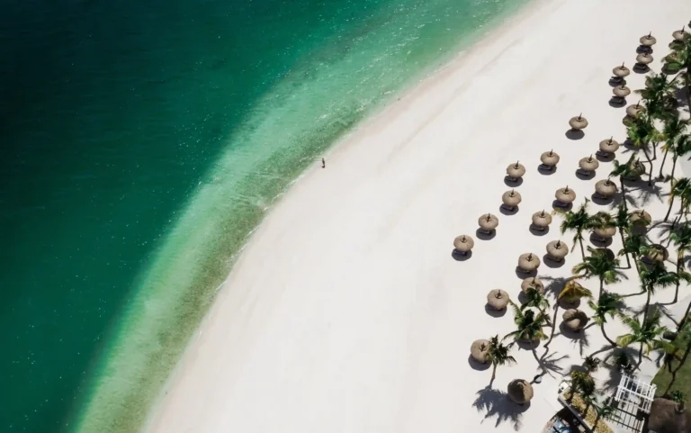 Aerial view of One&Only Le Saint Géran beach with palm-lined shore and Indian Ocean, Belle Mare, Mauritius