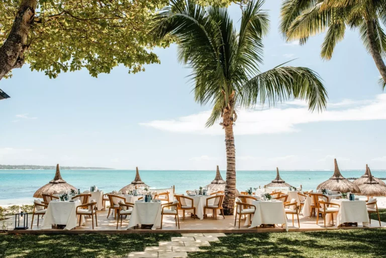 Le Badamier restaurant exterior garden setting at One&Only Le Saint Géran — open-air Indian dining pavilion