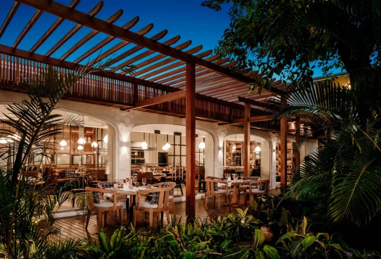 Prime steakhouse exterior garden terrace at One&Only Le Saint Géran — evening garden dining setting