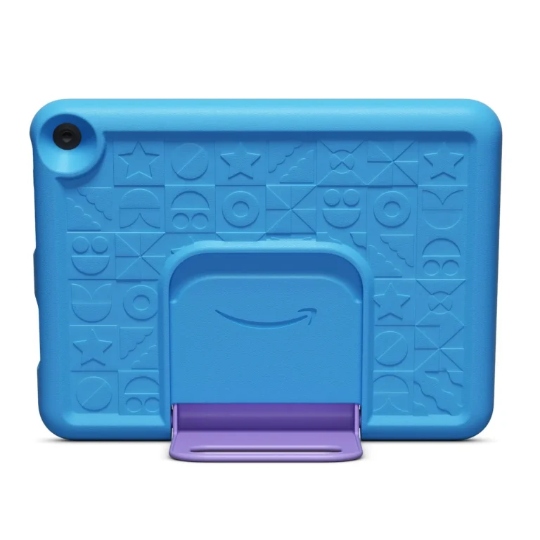 Back of the Amazon Fire HD 10 Kids blue kid-proof bumper case showing the embossed geometric pattern, Amazon logo and purple integrated kickstand