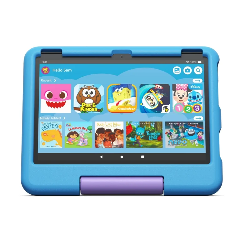 Amazon Fire HD 10 Kids tablet front view showing the Amazon Kids+ home screen with categories for videos, books, apps and education