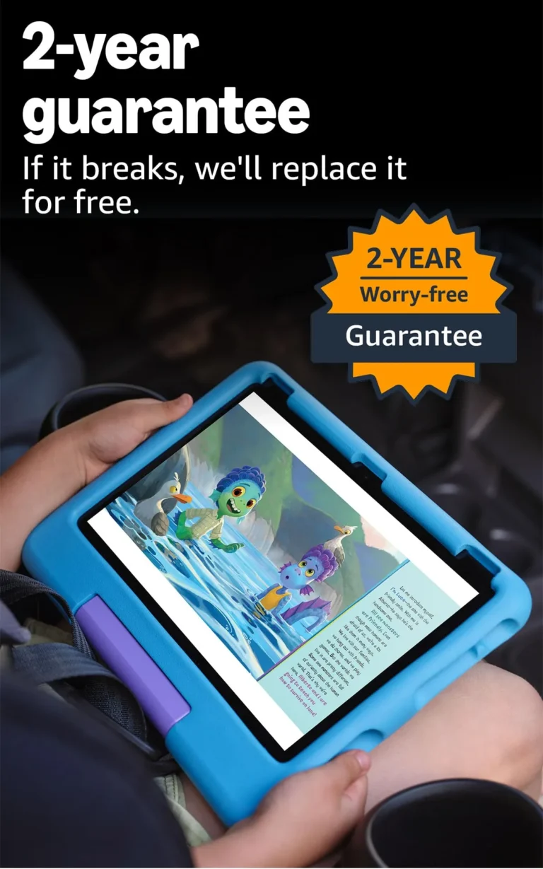 Child's hands holding the Amazon Fire HD 10 Kids tablet in blue case while reading an illustrated book app in a car seat during a journey