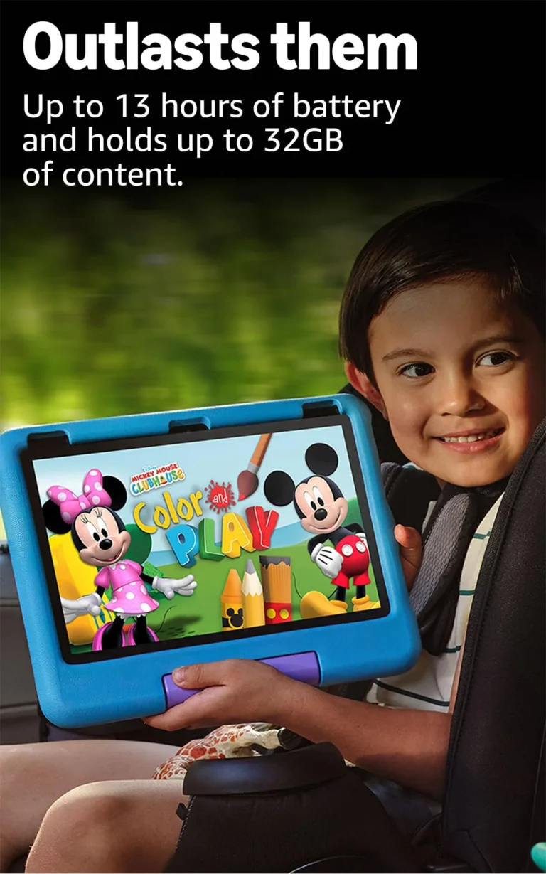 Smiling boy in a car seat holding the Amazon Fire HD 10 Kids tablet in blue kid-proof case, showing Mickey Mouse Clubhouse Color and Play app