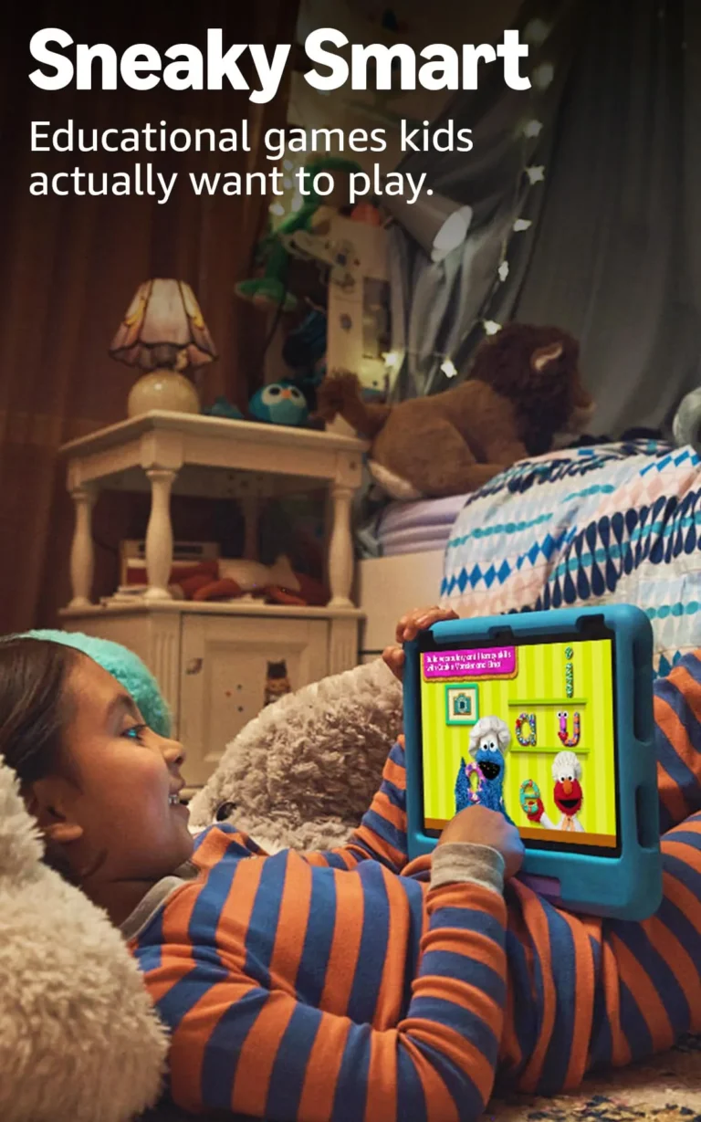 Child lying on a bed in striped pyjamas, holding the Amazon Fire HD 10 Kids tablet in blue case showing a Sesame Street educational spelling game
