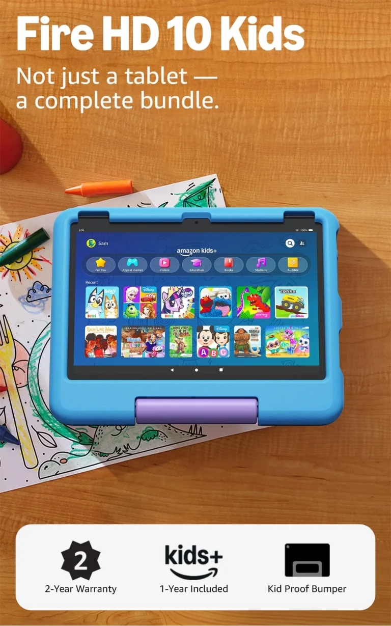 Amazon Fire HD 10 Kids tablet in blue case lying on a wooden table alongside children's crayons and coloring pages, viewed from above