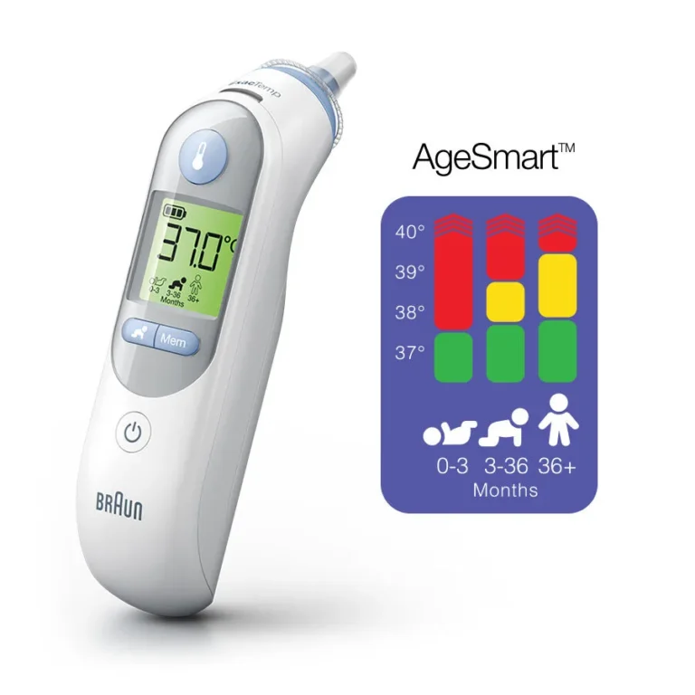 Braun ThermoScan 7 Age Precision display — colour-coded temperature reading zones for infants, children and adults