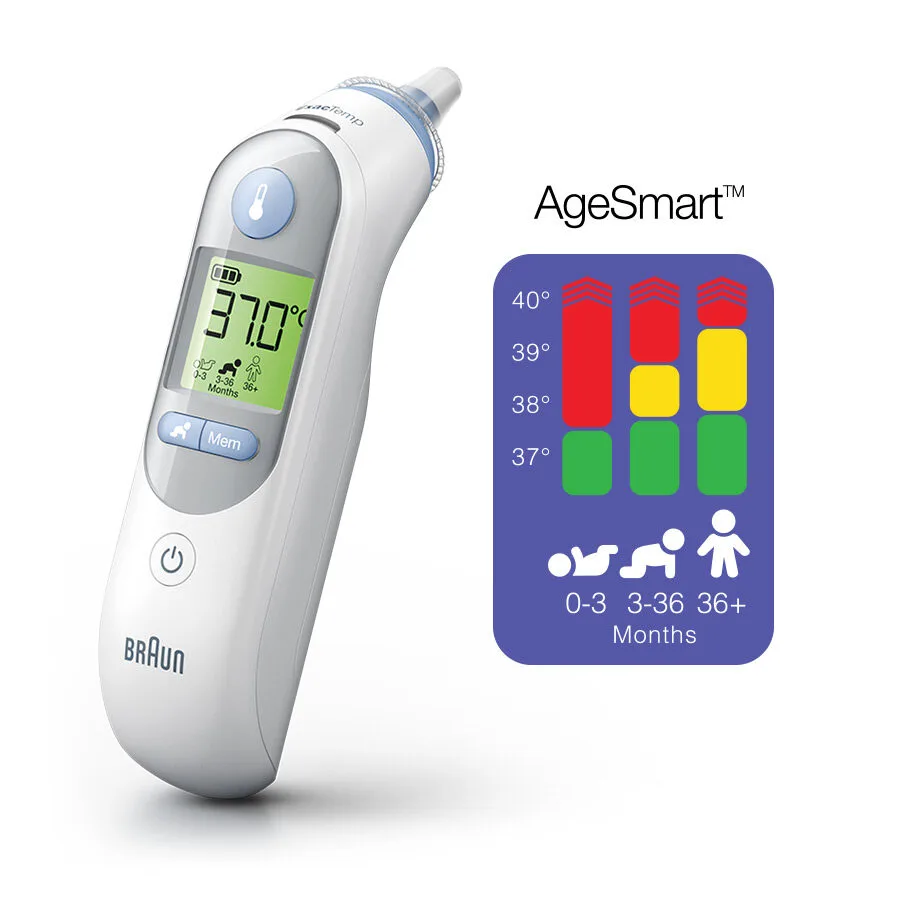 Braun ThermoScan 7 IRT6520 showing Age Precision colour-coded display with green result and probe cover refill pack