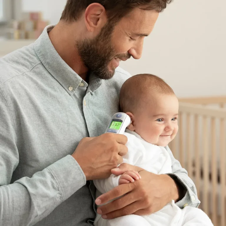 Braun ThermoScan 7 in use — measuring a child's ear temperature in a home setting