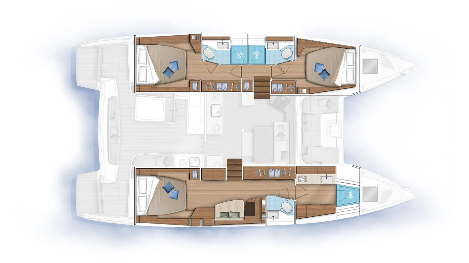 Official Lagoon 46 deck plan showing four double cabins with four bathrooms split across the two hulls
