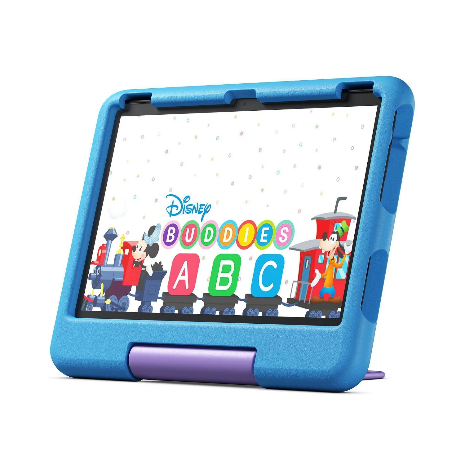 Amazon Fire HD 10 Kids tablet in blue foam bumper case with kickstand deployed on an airplane tray table