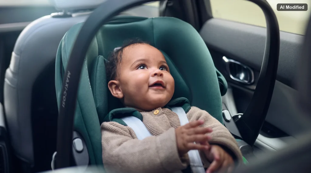 AI-modified image of a baby secured in a green Maxi-Cosi infant car seat inside a car