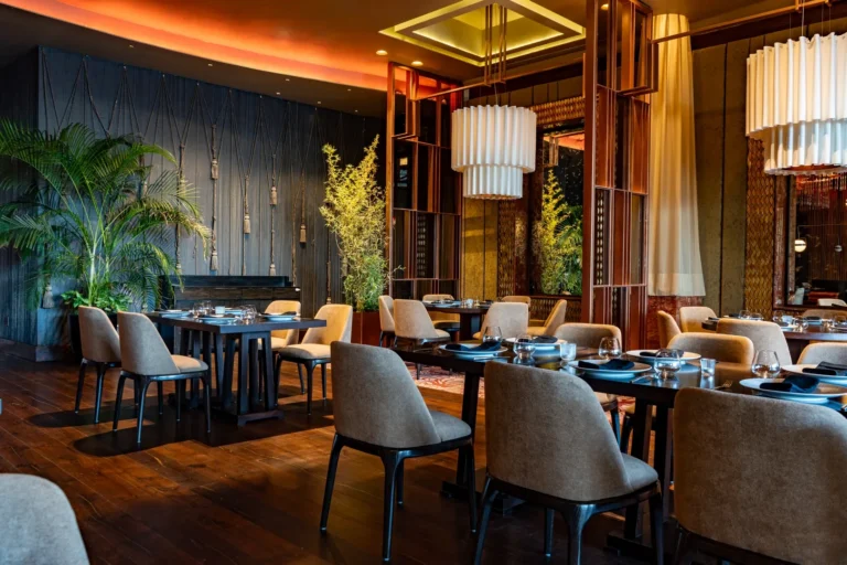 Sen Lin Asian fusion restaurant interior with wooden floors at Grand Velas Los Cabos