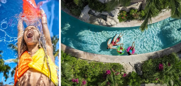 The waterpark's lazy river and splash deck, with young guests floating on inner tubes