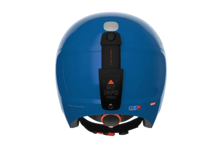 POC POCito Skull helmet rear view showing the goggle clip with the My Info panel and the RECCO reflector