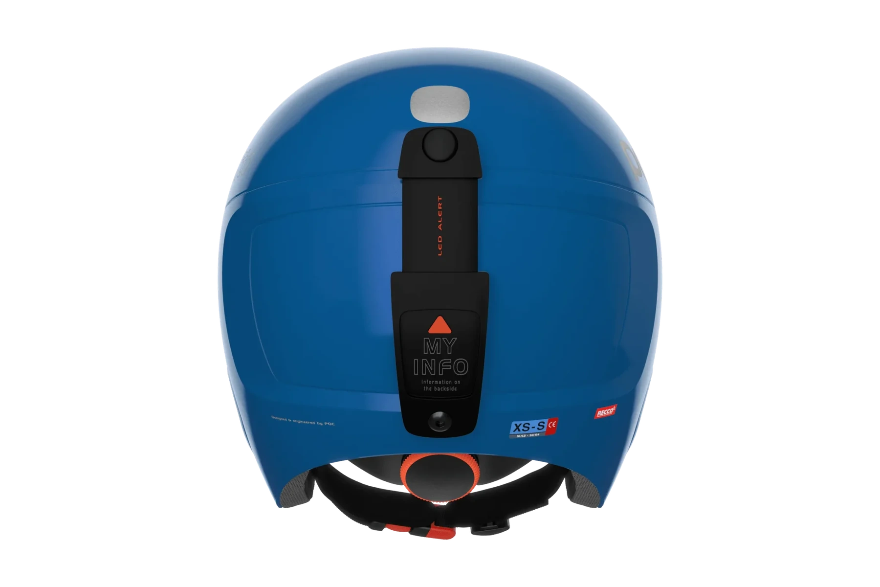POC POCito Skull helmet rear view showing the goggle clip with the My Info panel and the RECCO reflector