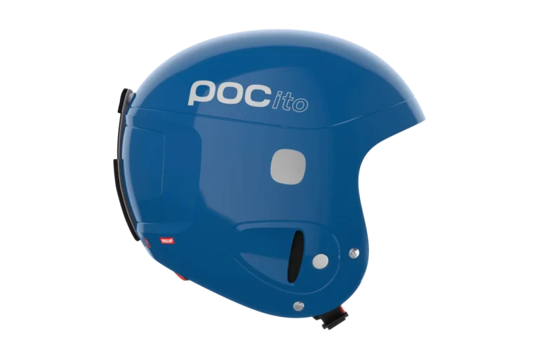 POC POCito Skull ski helmet in fluorescent blue, direct side profile