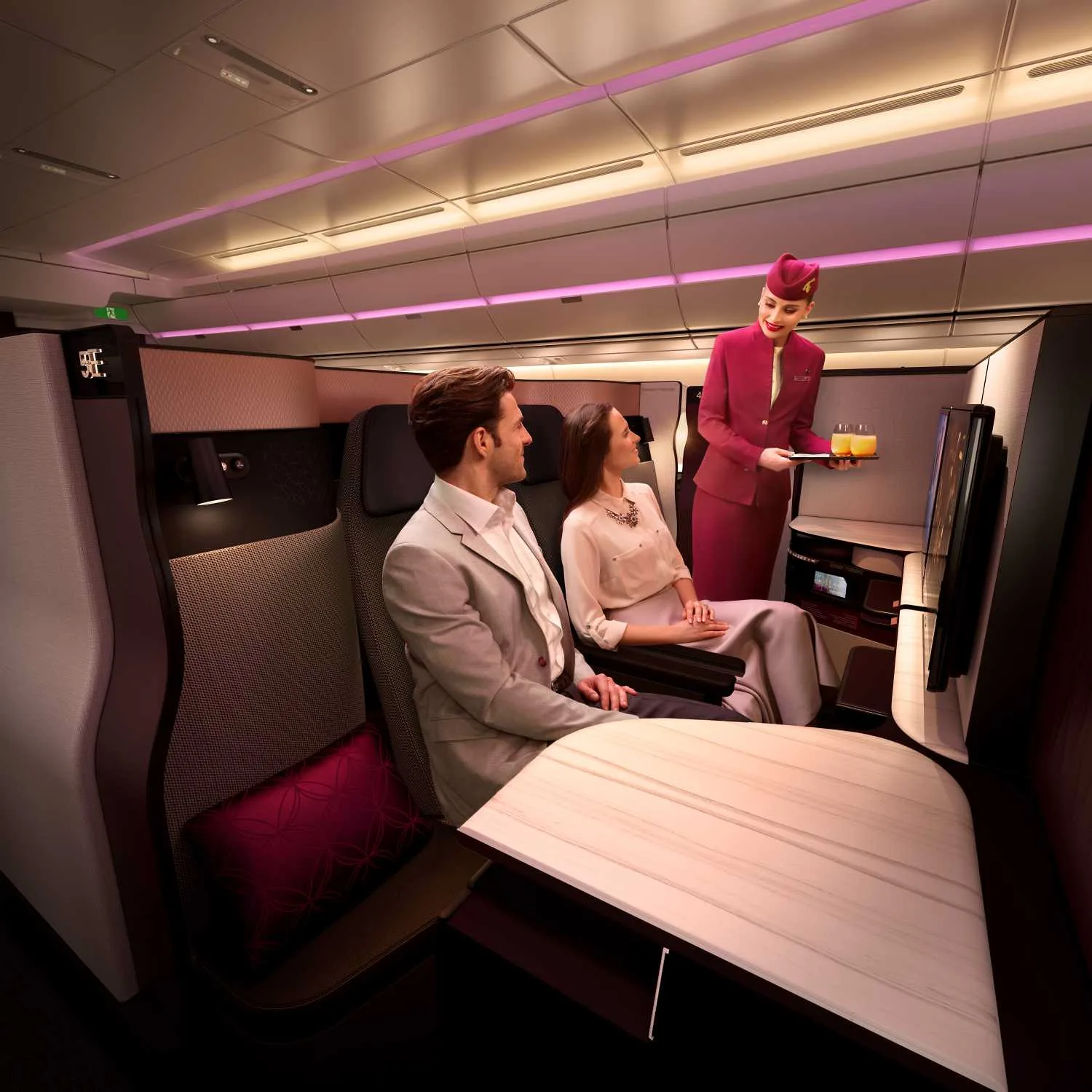 Qatar Airways Qsuite Business Class booth with sliding privacy doors, A350-1000