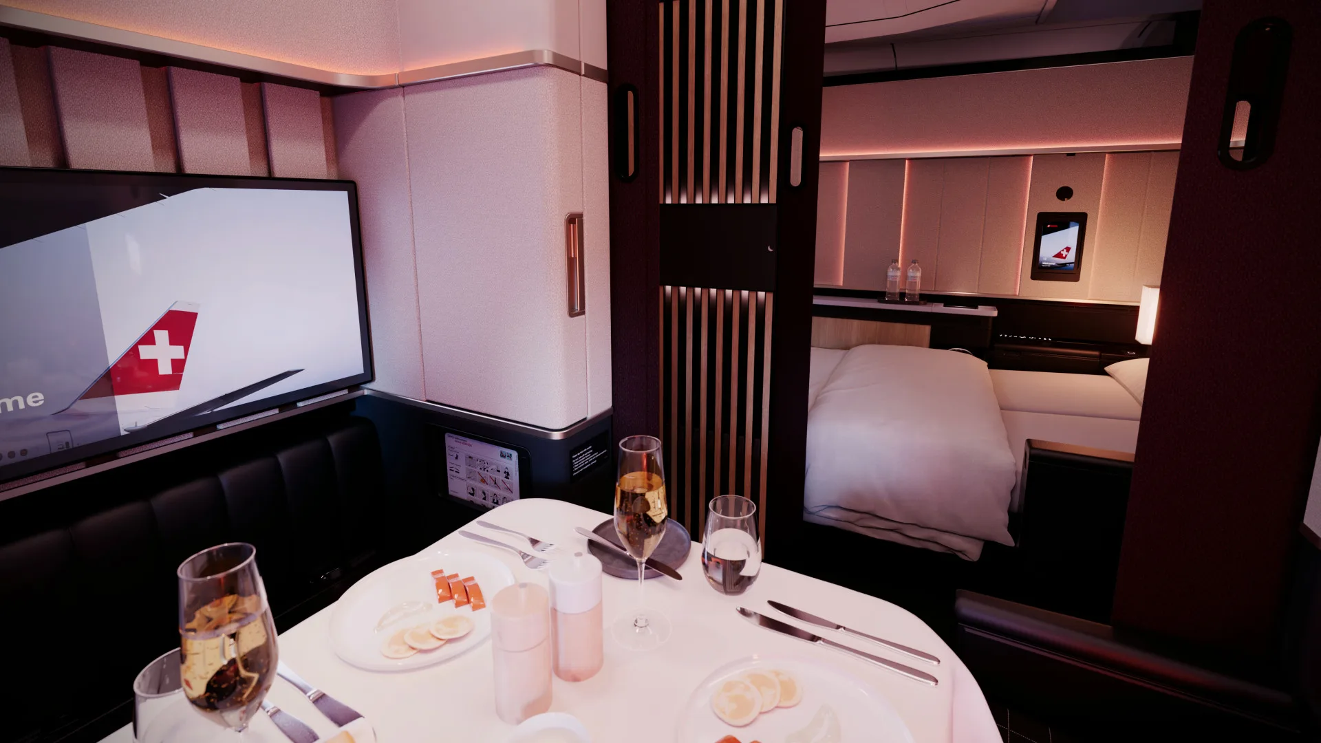 SWISS First Grand Suite enclosed cabin interior with high privacy walls on the A350