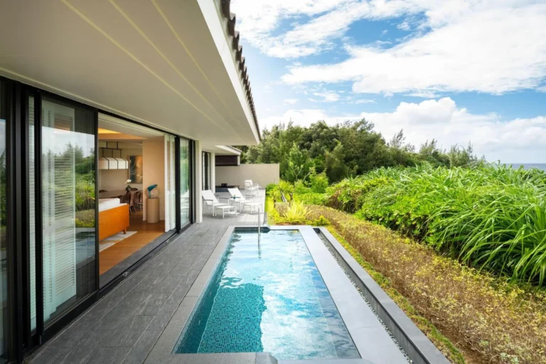 Private villa lap pool running along a terrace above green cliffs