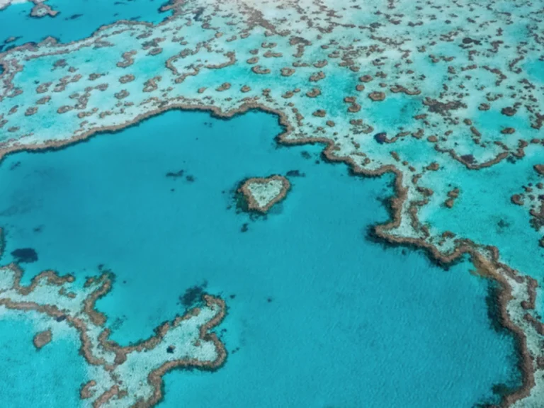 Aerial view of Heart Reef, a heart-shaped coral formation in turquoise water
