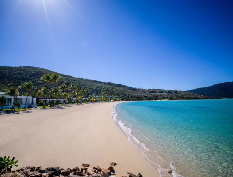 Empty white-sand beach curving along turquoise water below forested hills