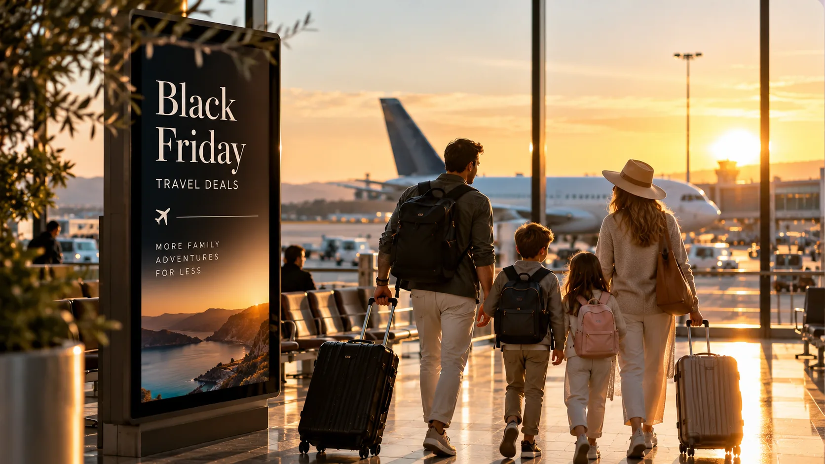 A family walks towards an aeroplane at sunset beside a Black Friday travel-deals sign.