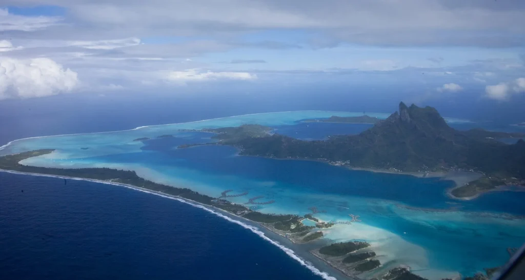 Aerial view of Bora Bora and its lagoon, French Polynesia