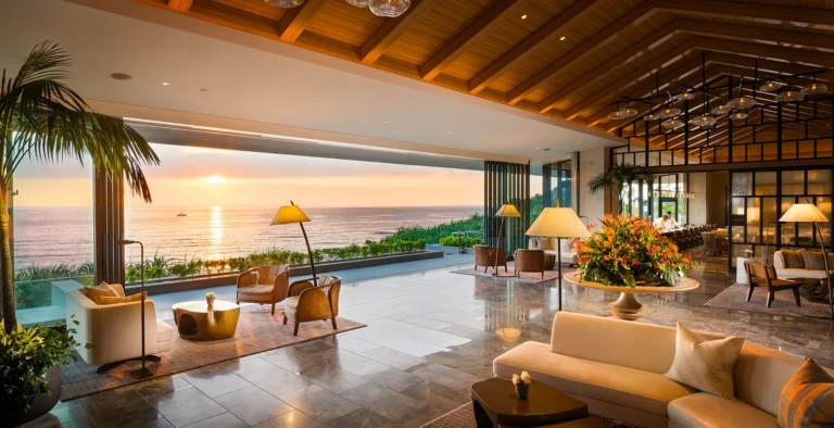 Open-sided Sunset Wing lobby with wooden roof, palms and the sun setting over the sea