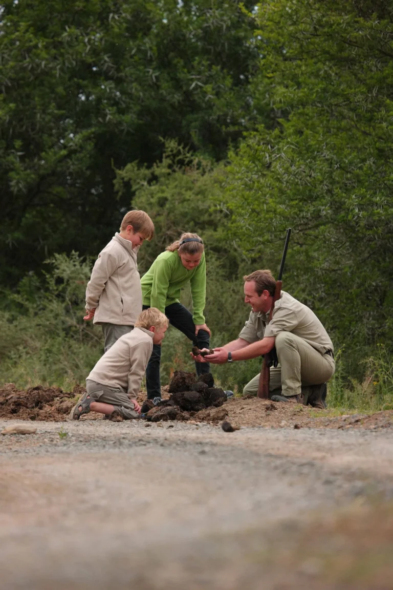 A ranger and two children crouching to examine something on the ground during a bush walk at Kwandwe Private Game Reserve