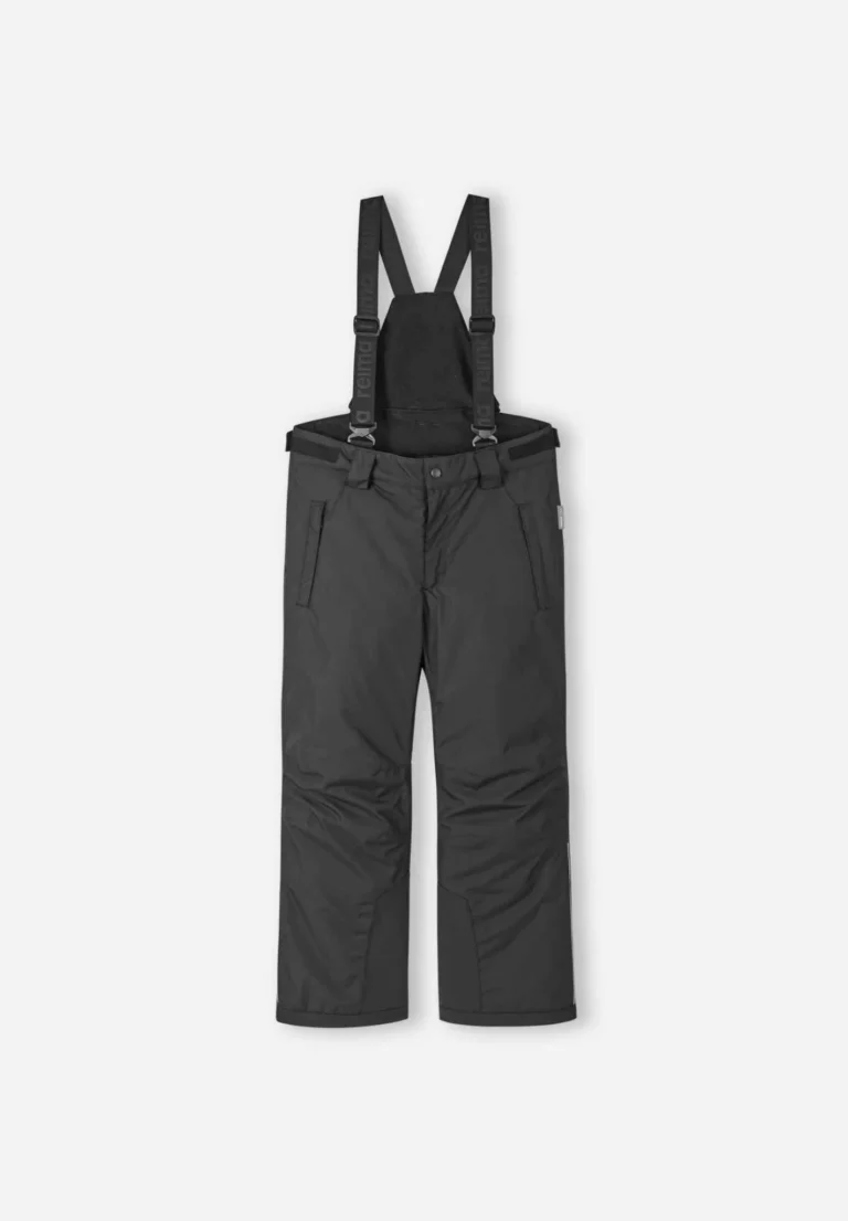 Black Reima Wingon children's ski pants photographed from the front, with suspenders, a soft fleece-like front panel and zip pockets at the sides