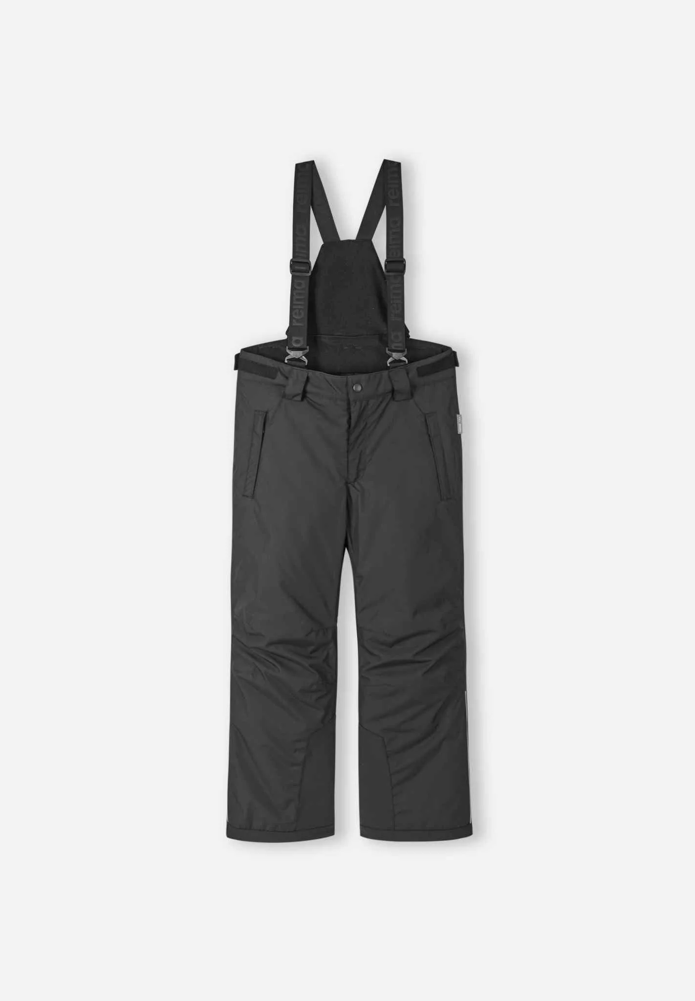 Black Reima Wingon children's ski pants photographed from the front, with suspenders, a soft fleece-like front panel and zip pockets at the sides