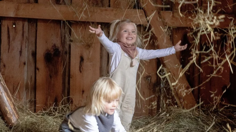 Two small blond children playing in a timber barn full of hay, the older one smiling with arms spread wide